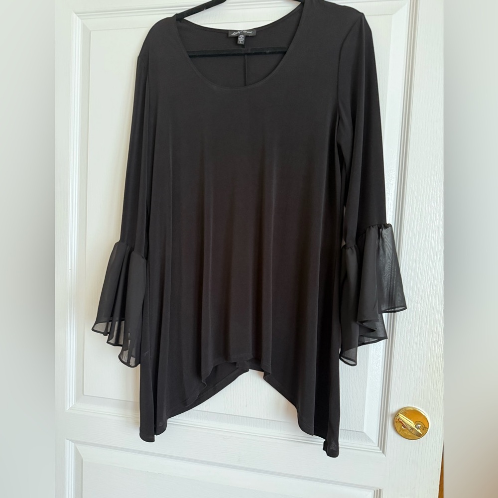 Slinky Brand Elegant Black Asymmetrical Tunic with Chiffon Bell Sleeves size L